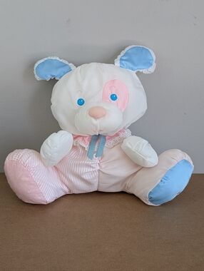Vintage 1983 Puffalump Puppy Fisher-Price White, Pink, & Blue Nylon Toy Rattle
